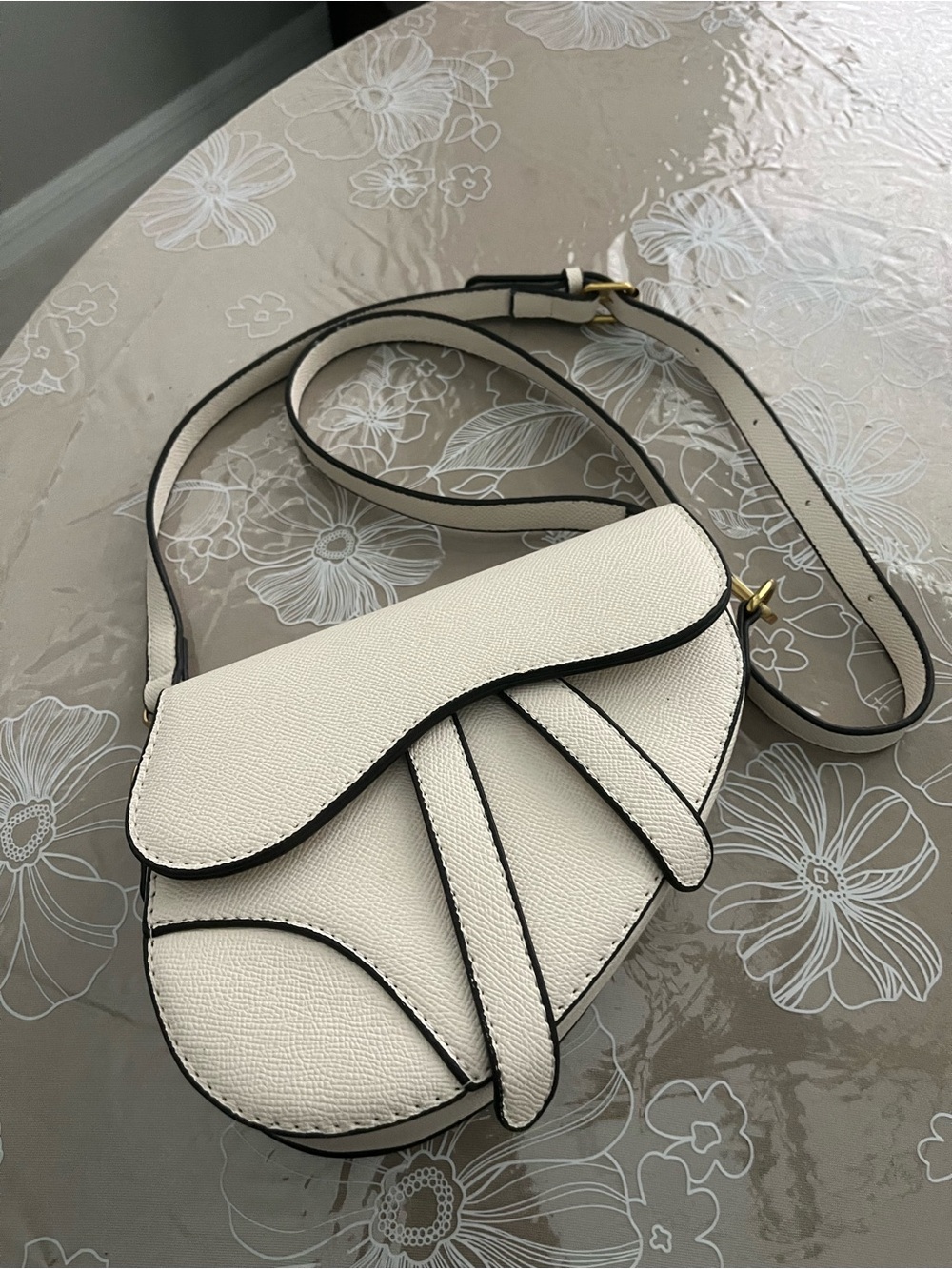 Source Unknown White Mini Saddle Crossbody with Black Edge Trim